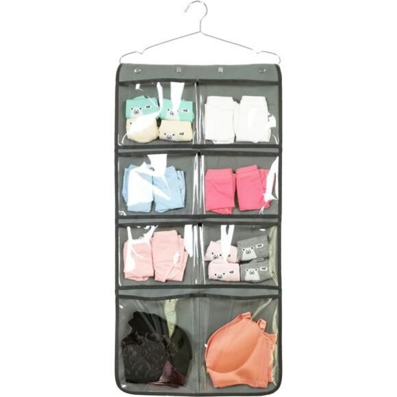 Hanging closet organizer dual sided with clear pockets for underwear socks bras - Picture 3 of 8